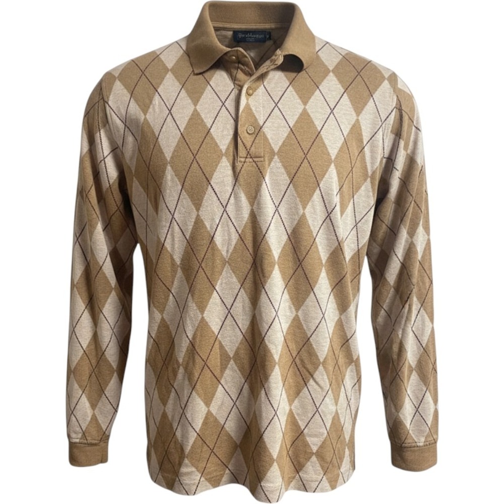Lands' End Tan Argyle Long Sleeve Polo Shirt Men's XL